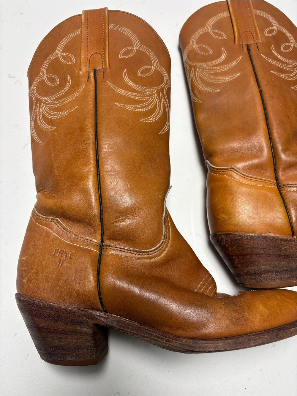 Frye Cognac Leather Western Boots with White Stitching size 6